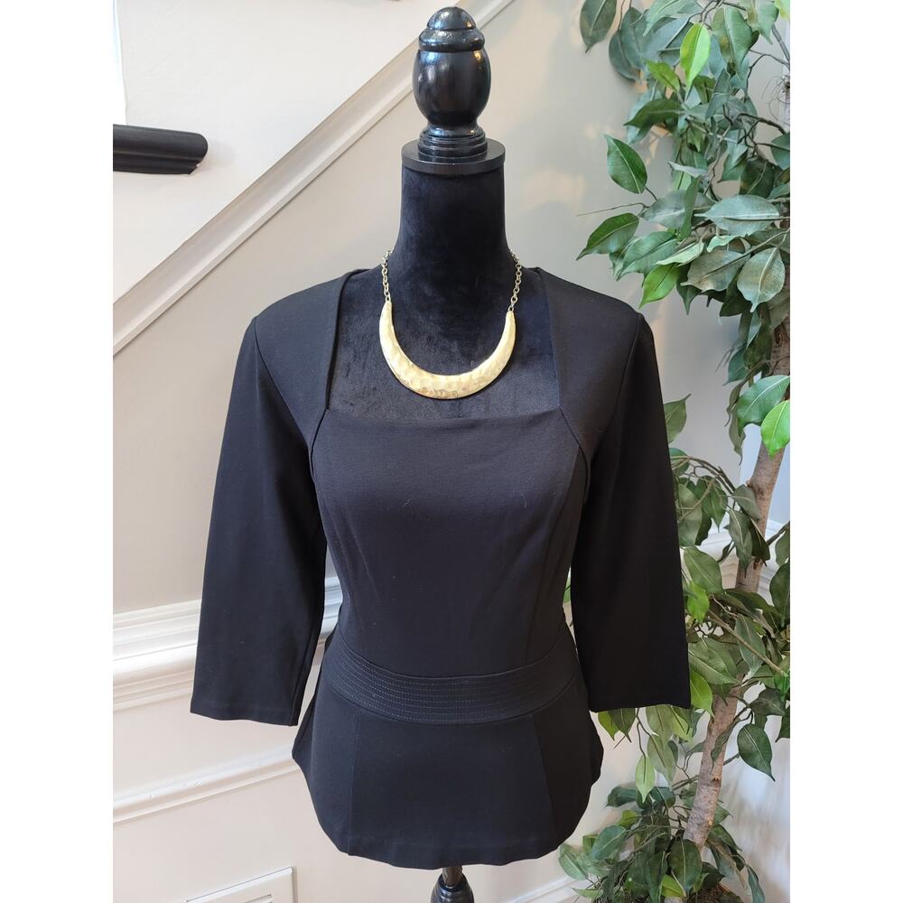 White House Black Market Peplum Top S Black Stretch Square 3/4 Sleeve Pullover